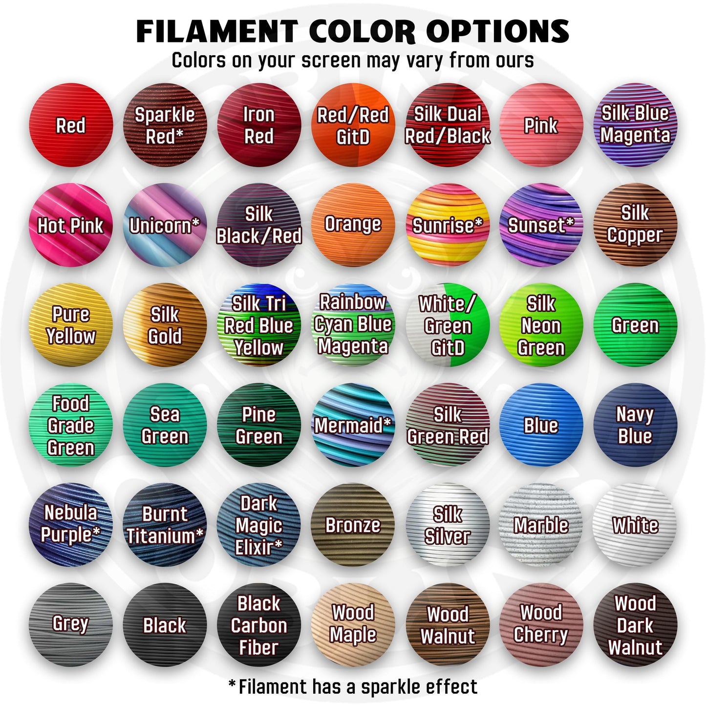 Color options for filament with various names and descriptions.