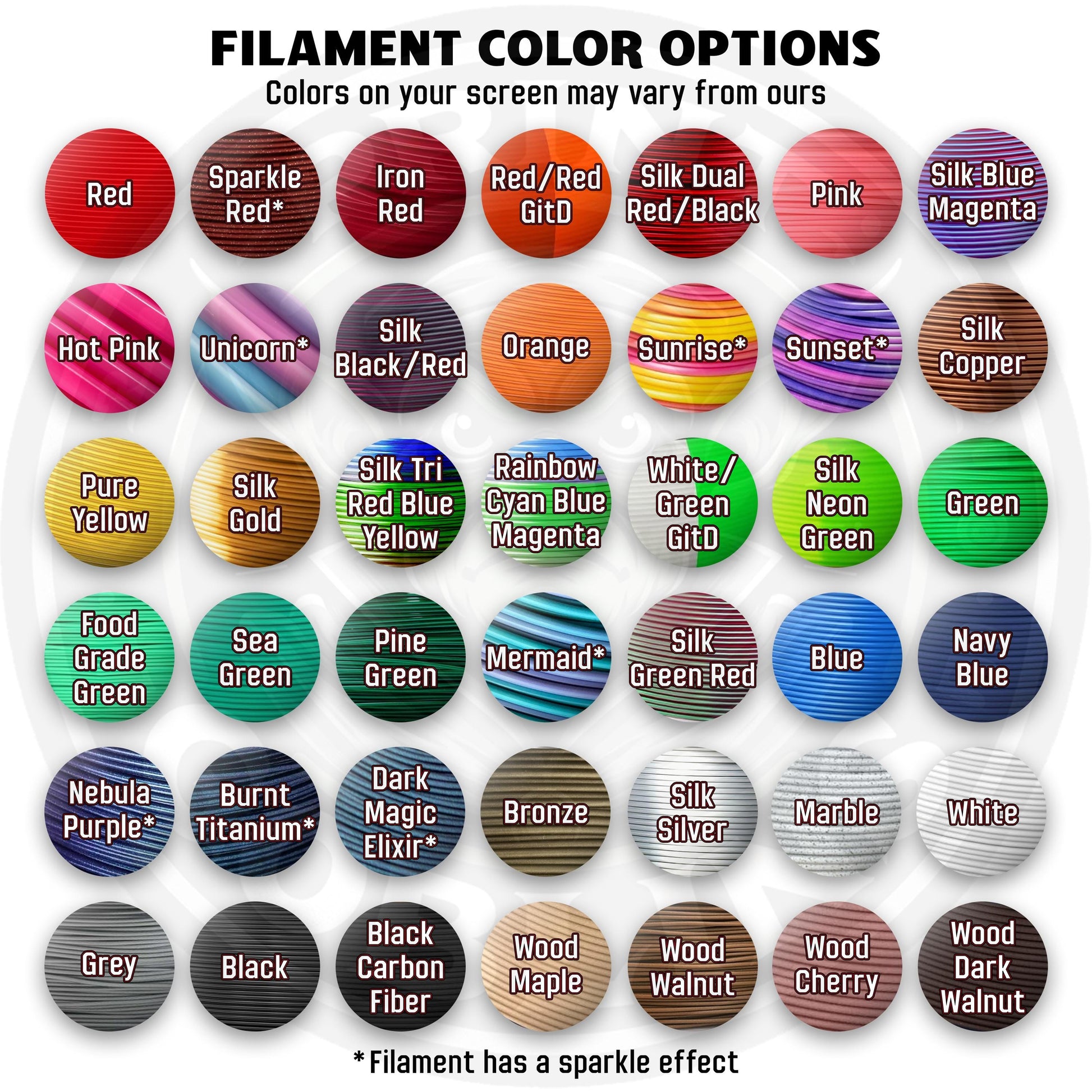 Color options for filament with various names and descriptions.